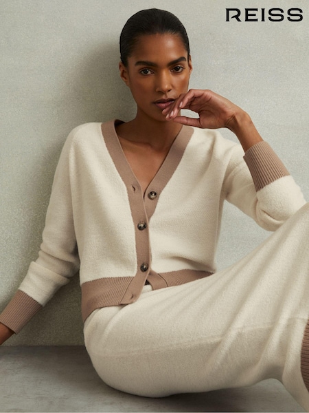 Reiss Cream/Camel Brie Wool Colourblock Cardigan (E36444) | £128