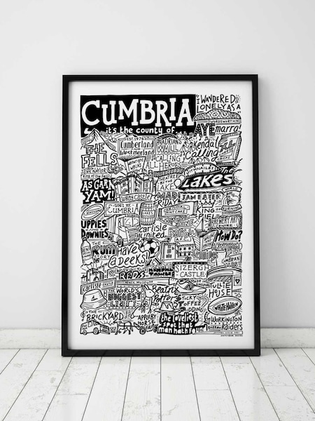 Sketchbook Design Cumbria Landmarks Illustration Framed Wall Art Print Black A4 Frame