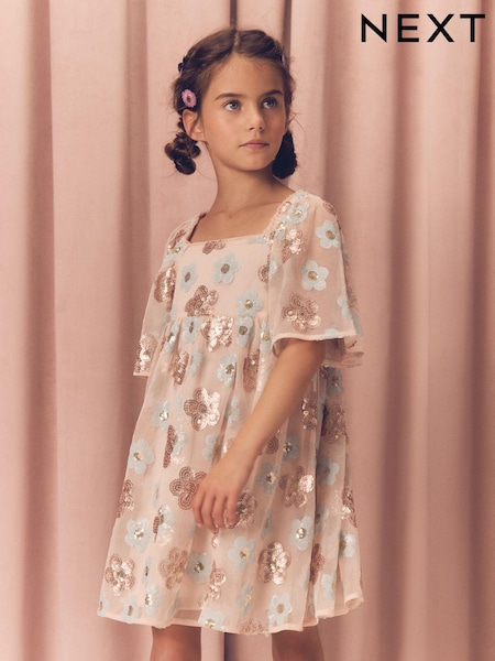 Blush Pink/Blue Floral Sequin Dress (3-16yrs) (E36509) | £38 - £44