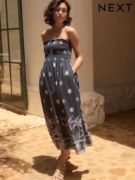 Black/White Shirred Bandeau Midi Dress (E36549) | £75