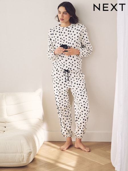 Monochrome Heart Heavyweight 100% Cotton Long Sleve Pyjamas (E36788) | £30