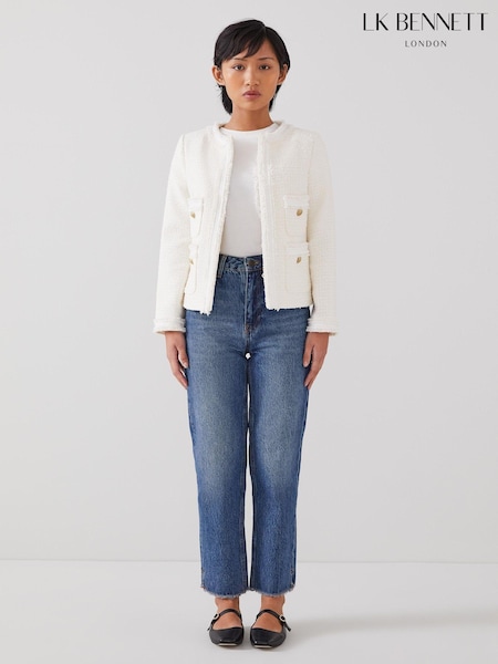 LK Bennett Ivory Cream Charlie Petite Italian Cotton Blend Tweed Jacket (E38797) | £349