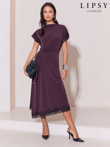 Burgundy Red - Lipsy Knot Side Drape Lace Asymmetric Midi Dress