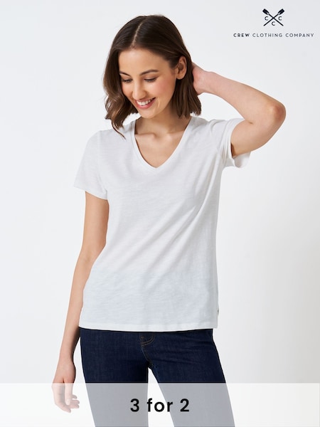 Crew Clothing White Perfect V-Neck Slub White 100% Cotton T-Shirt (E40487) | £22
