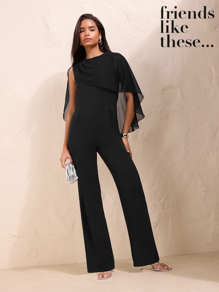 Black - Friends Like These Asymmetric Cape Sleeve Jumpsuit