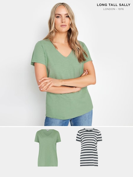 Long Tall Sally Grey 100% Cotton Stripe T-Shirt 2 Pack (E40901) | £23