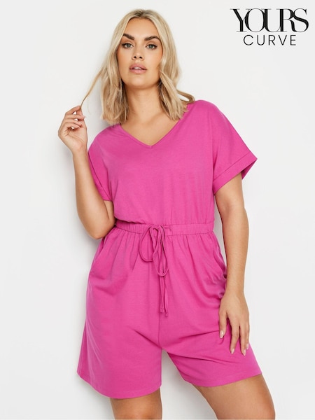 Yours Curve Hot Pink Limited Collection 100% Cotton Drawstring Playsuit (E41029) | £29