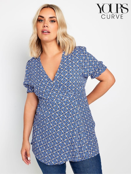 Yours Curve Blue Wrap Frill Sleeve Blouse (E41030) | £24