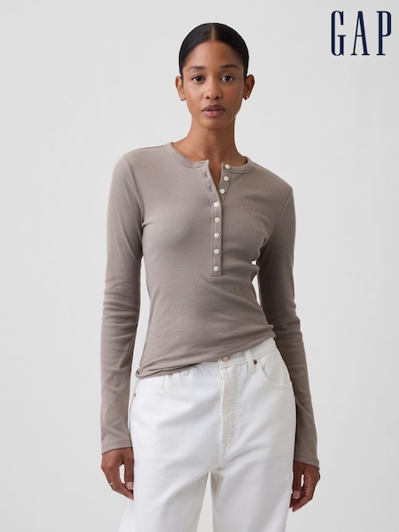 Brown - Gap Ribbed Henley Long Sleeve T-shirt