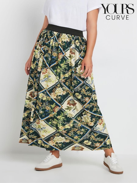 Yours Curve Green Geometric Floral Pleated Skirt (E41286) | £29