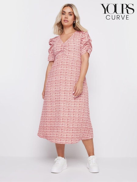 Yours Curve Pink Limited Collection Check Textured Milkmaid Dress (E41300) | £37