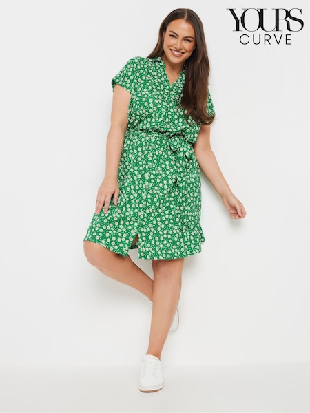 Yours Curve Green Ditsy Floral Print Structured Dress (E41315) | £37