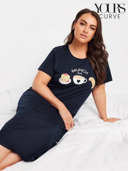Yours Curve Blue Brunch Club 100% Cotton Midaxi Nightdress (E41328) | £22