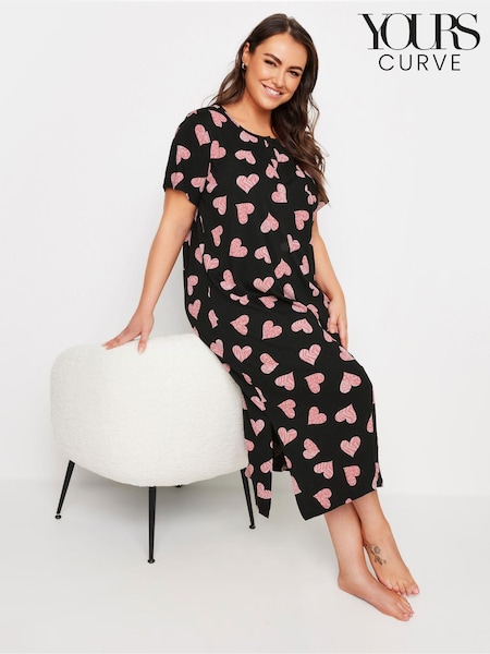 Yours Curve Black Animal Print Heart Placket 100% Cotton Midaxi Nightdress (E41332) | £22