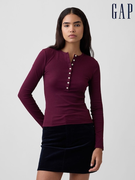 Plum Purple - Gap Ribbed Henley Long Sleeve T-shirt