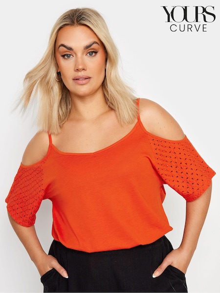 Yours Curve Orange Cold Shoulder Anglaise Sleeve Top (E41469) | £19