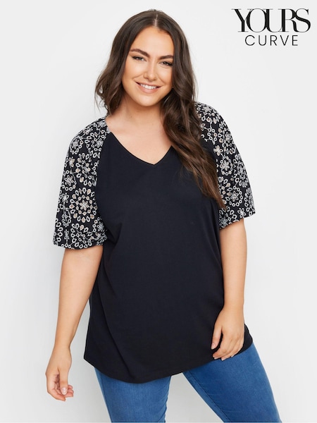 Yours Curve Black Anglaise Sleeve 100% Cotton T-Shirt (E41489) | £20