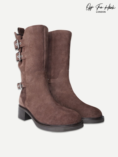 Brown - Off The Hook Lumina Suede Buckle Strap Mid Calf Block Heel Boots