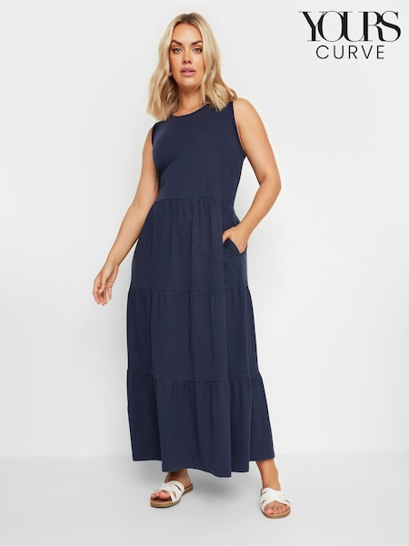 Yours Curve Blue Sleeveless Ribbed Trim Tiered Midaxi 100% Cotton Dress (E41621) | £29
