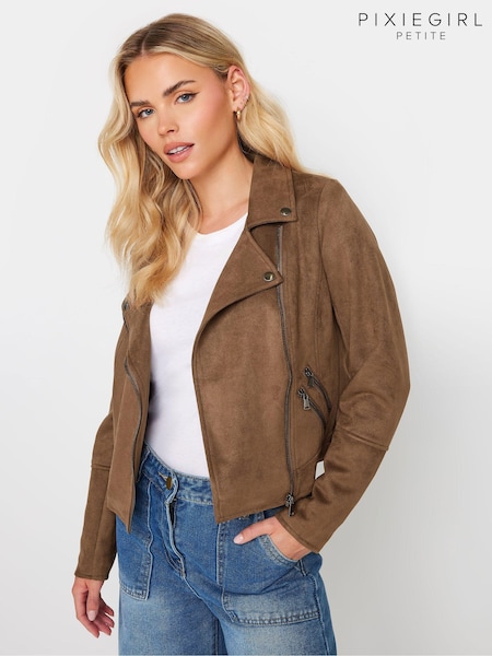 PixieGirl Petite Brown Faux Suede Biker Jacket (E41641) | £60