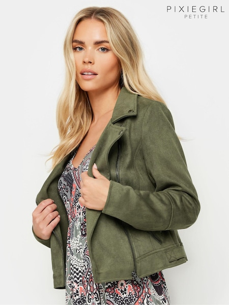 PixieGirl Petite Green Faux Suede Biker Jacket (E41656) | £60