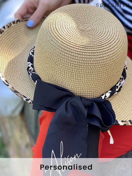 Solesmith Cream Leopard Print Personalised Straw Hat (E41675) | £40