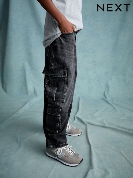 Black Tapered Wide Cargo Denim 100% Cotton Jeans (3-16yrs) (E41865) | £18 - £23