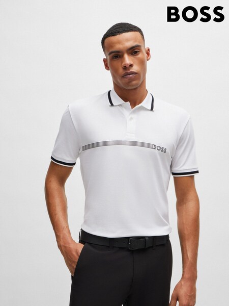 BOSS White Cotton-Blend Logo Stripped Polo Shirt (E42321) | £60