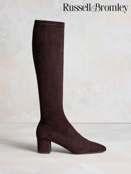 Brown Suede - Russell & Bromley Carrie Knee High Block Heel Sock Boots