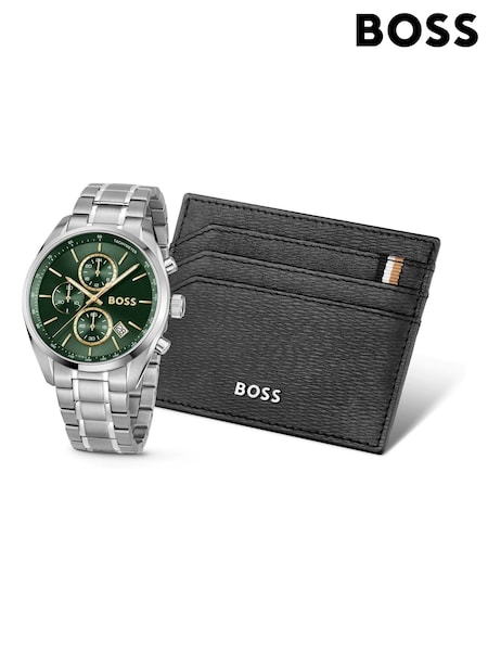 Silver Tone - Regular Boss Gents Grand Prix Watch And Cardholder Gift Set