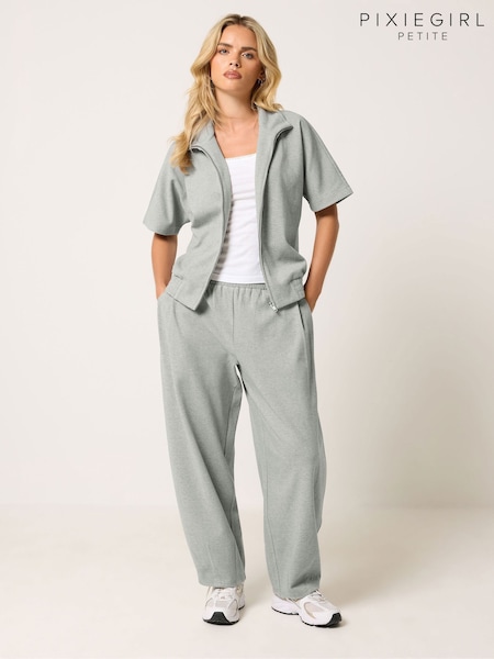 Grey - Pixiegirl Petite Brushed Funnel Neck Jacket & Barrel Trousers Set