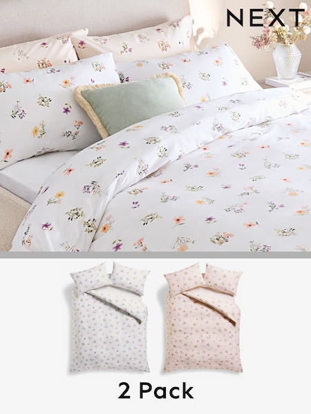 2 Pack Natural Pink/White Floral Reversible Duvet Cover and Pillowcase Set (E42768) | £27 - £59