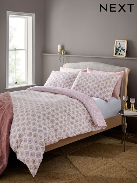 Purple Lilac 100% Cotton Floral Print Stripe Matelassé Duvet Cover and Pillowcase Set (E42772) | £35 - £65
