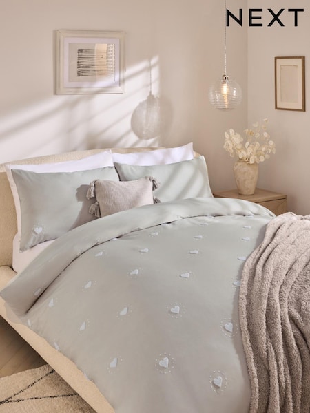 Grey 100% Cotton Heart Tuft & Embroidery Duvet Cover Set (E42773) | £35 - £65