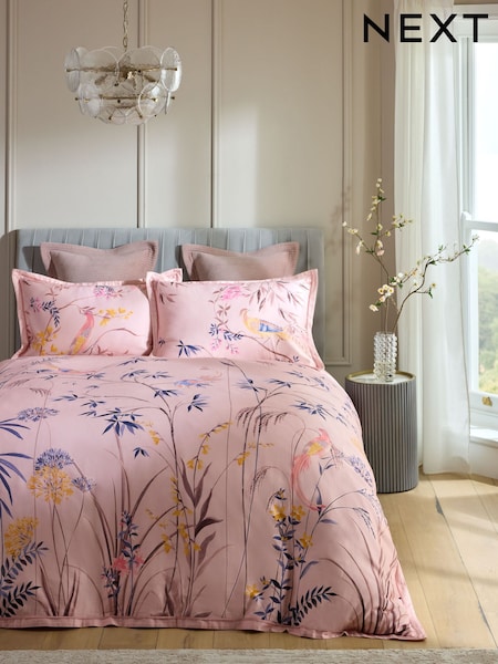 Pink 300 Thread Count Sateen Oriental Floral Duvet Cover and Pillowcase Set (E42774) | £55 - £85