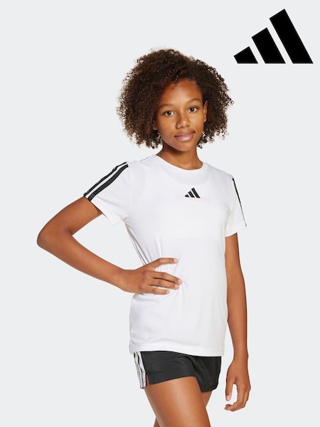 adidas White Train Essentials 3 Stripe T-Shirt (E43697) | £13