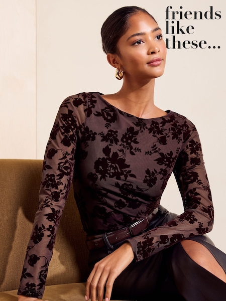 Brown - Friends Like These Flocked Mesh Boat Neck Top