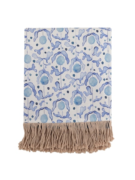 Voyage Maison Cobalt Mariani Floral Fringed Cotton/Linen Mix Throw (E43842) | £150