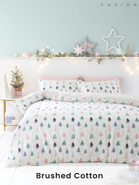 Fusion White Christmas Frosty Trees Brushed 100% Cotton Duvet Cover Set (E44295) | £20 - £40