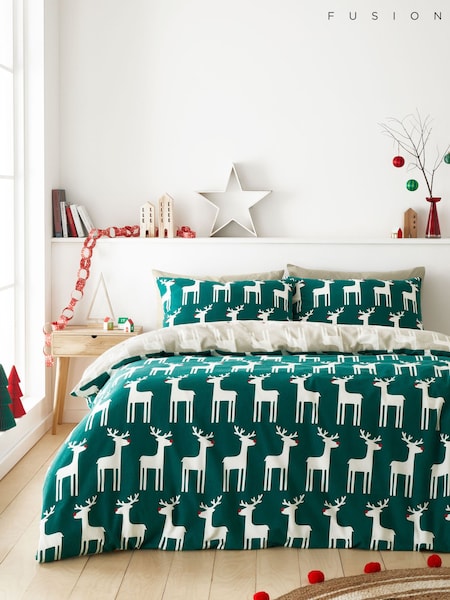 Fusion Green Christmas Reindeer 100% Cotton Brushed Duvet Cover Set (E44297) | £20 - £40