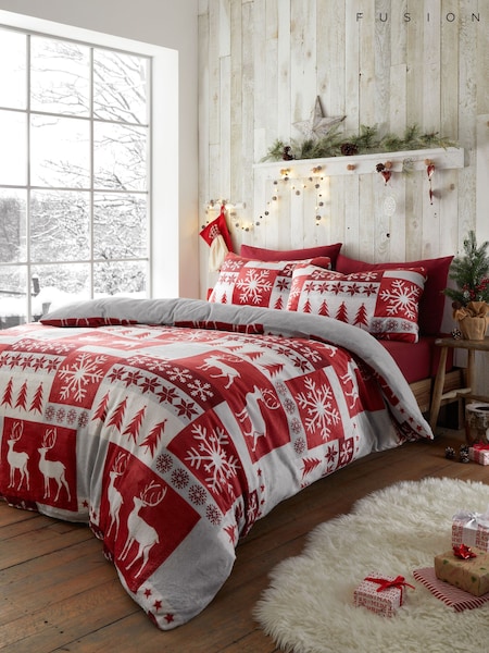 Fusion Red Fairisle Pattern Patchwork Plush Christmas Duvet Cover Set (E44298) | £25 - £45