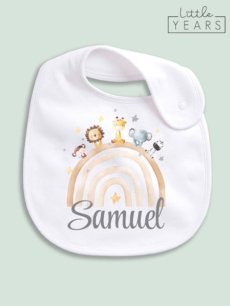 Little Years Personalised 100% Cotton Rainbow and Animal Print White Bib (E44876) | £14