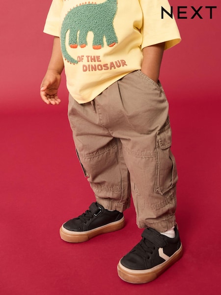 Taupe Brown Wide Leg Washed Cargo 100% Cotton Trousers (3mths-7yrs) (E44882) | £14 - £16