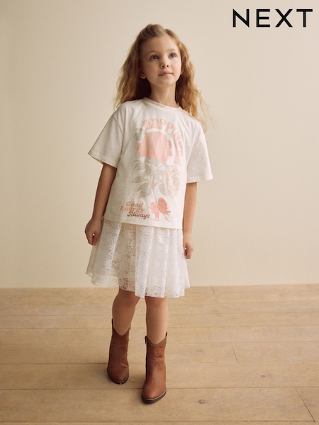 Ecru Oversized Floral Print T-Shirt with Jersey Lace Skirt Dress (3-12yrs) (E45369) | £22 - £26