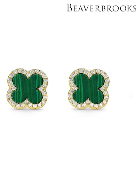 Beaverbrooks Gold Plated Cubic Zirconia Malachite Clover Earrings (E45396) | £60