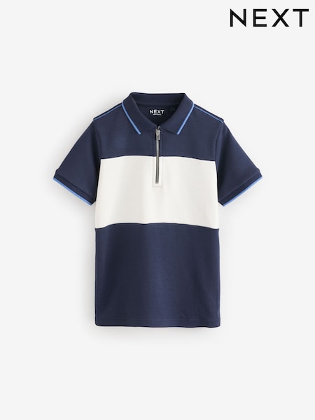 Navy/White 100% Cotton Quarter Zip Colourblock Short Sleeve Polo Shirt (3-16yrs) (E45617) | £12 - £17