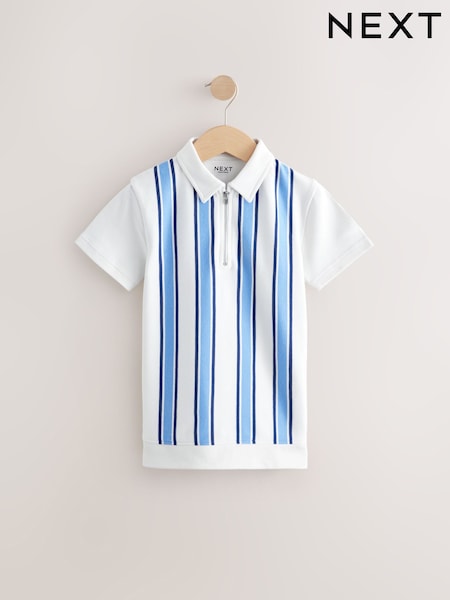 Ecru White/Blue Vertical Stripe Zip Neck Short Sleeve 100% Cotton Polo Shirt (3-16yrs) (E45619) | £12 - £17