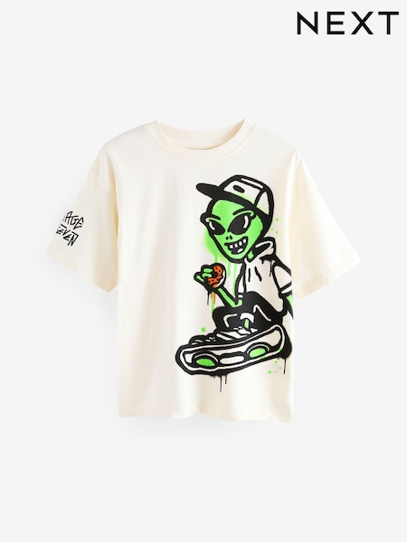 Ecru Cream Graffiti Alien Relaxed Fit Short Sleeve Graphic Print T-Shirt (3-16yrs) (E45696) | £7 - £10