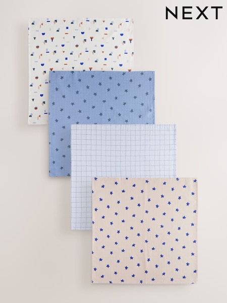 Blue/Tan Star Baby Muslins 100% Cotton Cloths 4 Pack (E45985) | £10 - £12