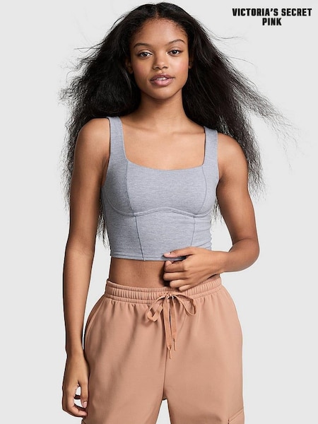 Victoria's Secret PINK Medium Heather Grey Shine Cotton Scoop Sports Bra Top (E46489) | £29